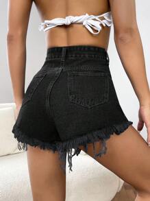 SHEIN ICON Daisy Embroidery Raw Hem Denim Shorts - Black - View 2