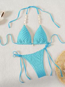 SHEIN Swim Summer Beach Women's Textured Halter Neck Bikini Set