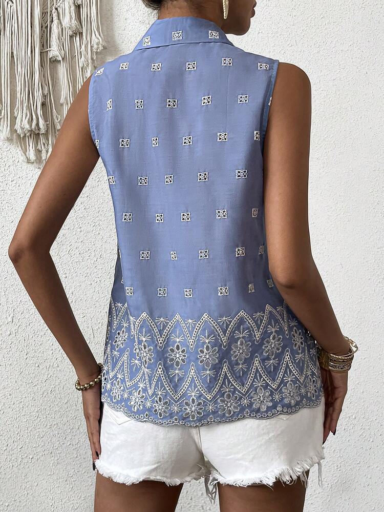 Spring/Summer Commuter Shirt Collar Sleeveless Embroidered Casual Women Tops For Vacation