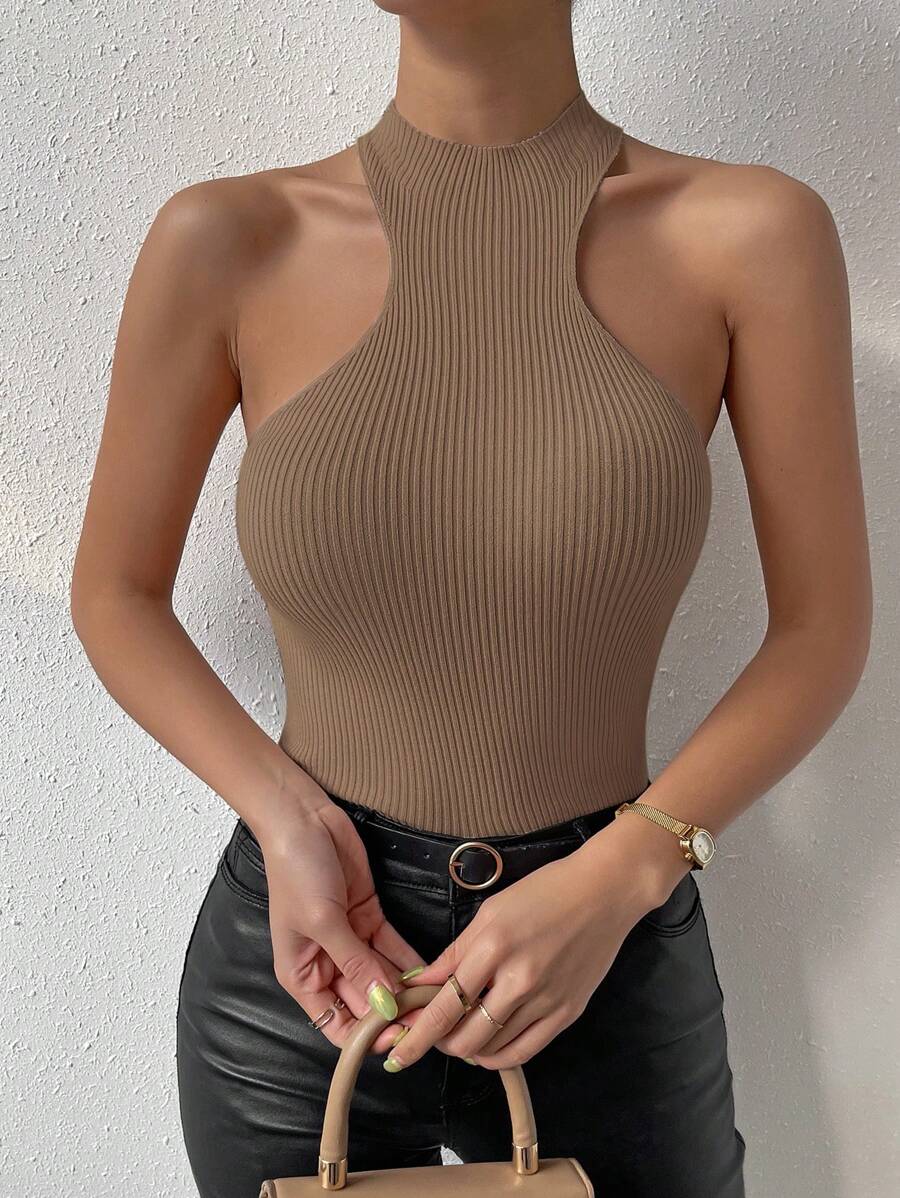 RosyDaze 女士細肋針織無袖緊身上衣 - 卡其色 - 查看 1