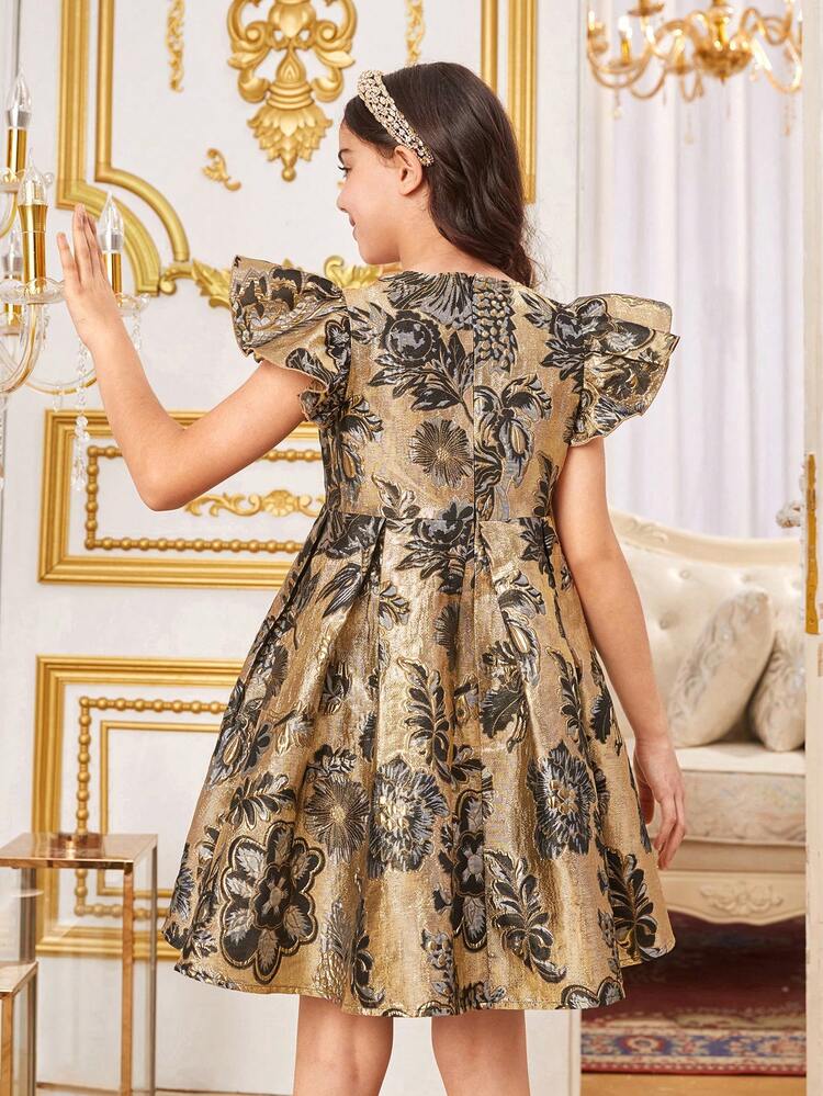 Tween Girls' Floral Jacquard Round Neck Midi Dress With Pearl Embellishment And Cap Sleeves