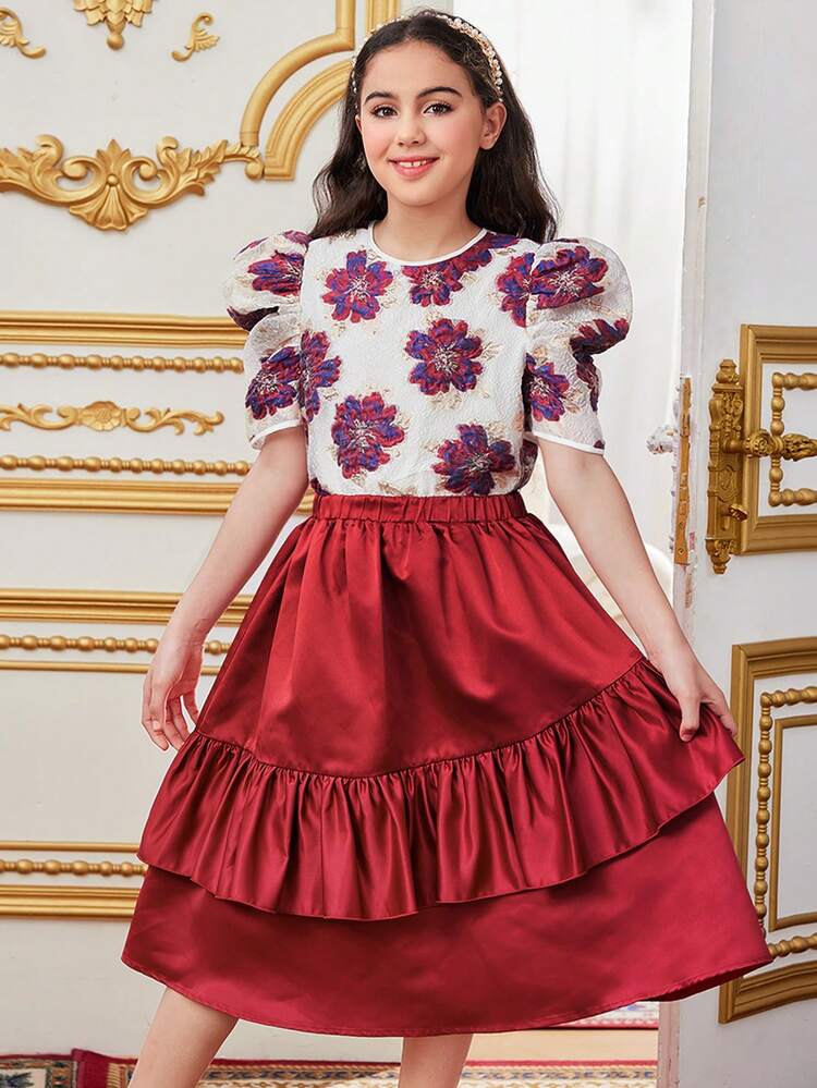 Tween Girl Loose Cute Elegant Round Neck Short Sleeve Top With Floral Print & Asymmetrical Ruffle Hem Skirt