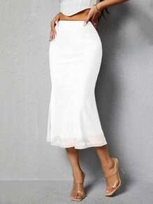 SHEIN PETITE Váy viền nàng tiên cá màu trơn dành cho nữ - trắng - Xem 3