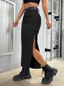 SHEIN PETITE Women's Side Slit Long Skirt - Black - View 7