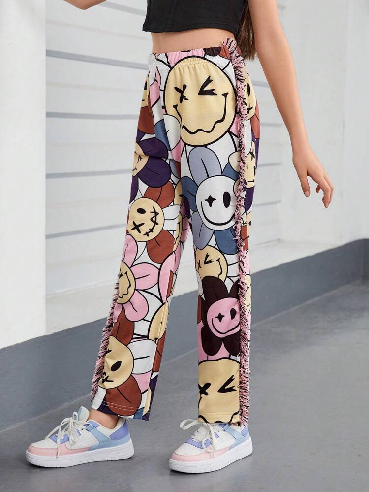 Tween Girl Fashionable Loose Sports Pants With Multicolor Tag Pattern (Size: Large)