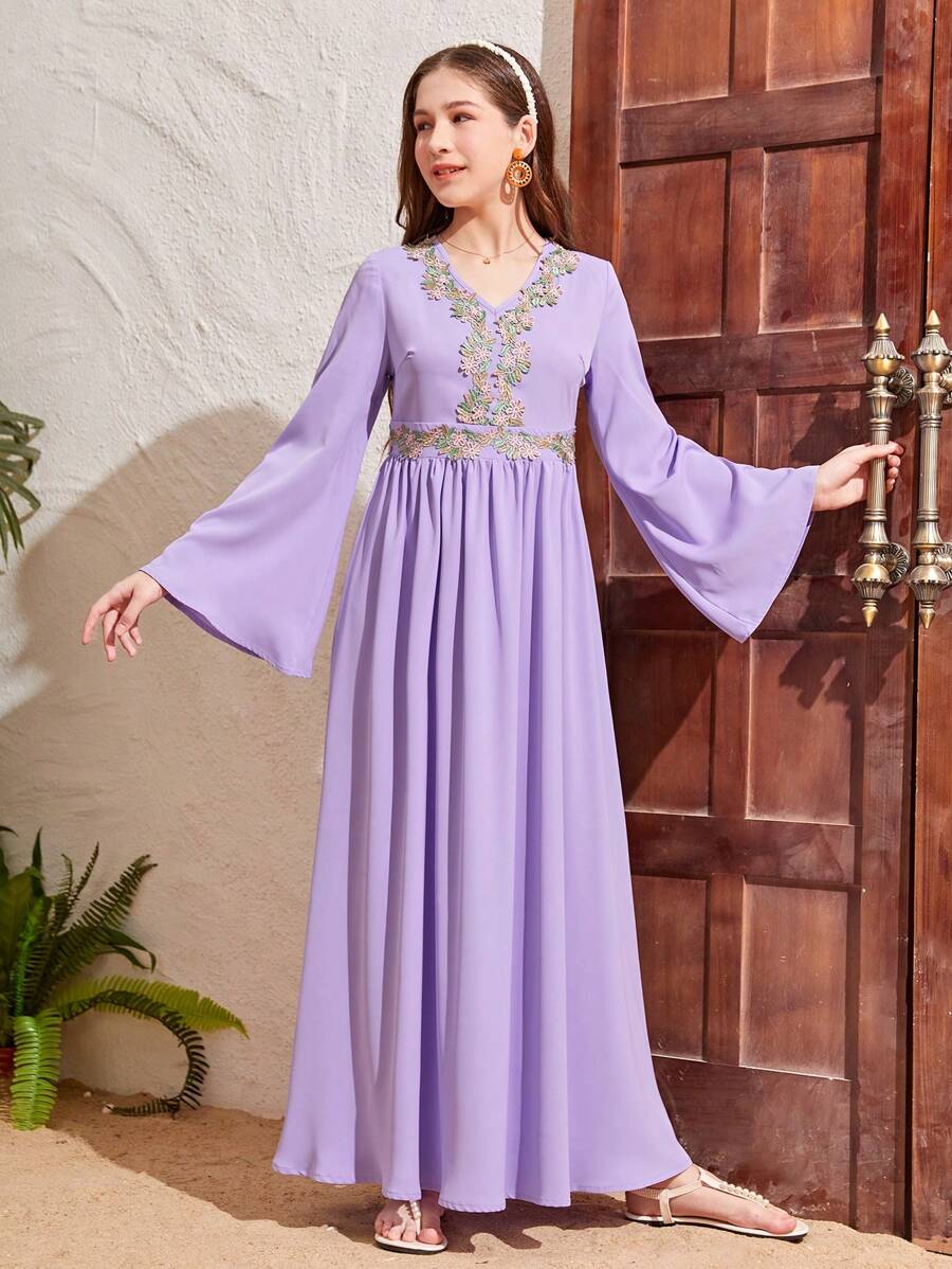 SHEIN Leap Crew Teen Girls' Woven Solid Color Patchwork Flower Ribbon Casual Bell Sleeve Dress Eid Dress - Mauve Purple - View 1