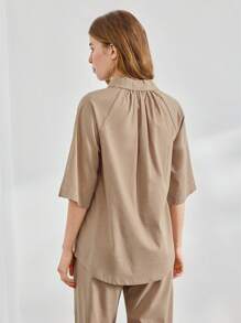Ocili Leisure Ladies' Solid Color Single-Breasted 3/4 Sleeve Sleepwear Top - Khaki - View 2