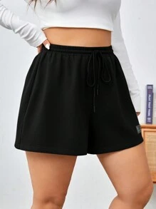 SHEIN EZwear 大码黑色针织运动风格短款运动裤 - 黑色 - 查看 6