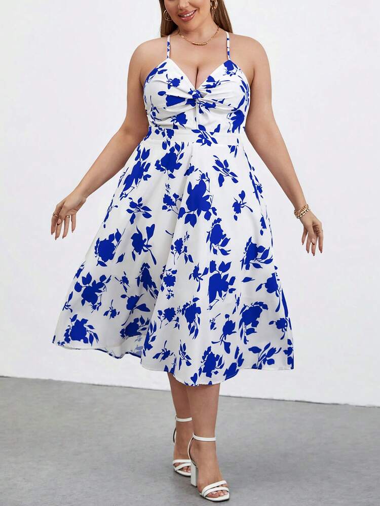 Plus Size Elegant & Romantic Flower Print Twisted Halter Neck Dress, Suitable For Travel, Vacation, Going Out, Shopping, Cafe