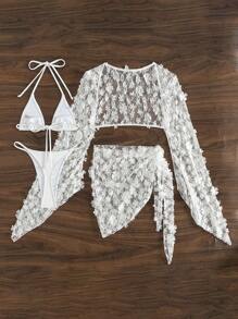 Swim SXY Ensemble bikini 4 pièces en dentelle unie de couleur pour femme plage été, micro triangle