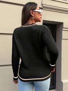 Sọc trang trí Thả vai Áo len - màu đen - Xem 2