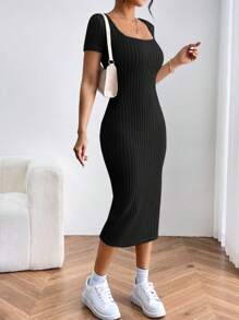 SHEIN PETITE 女士方領短袖開叉洋裝 - 黑色 - 查看 4