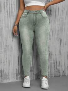 SHEIN ICON Plus Size Women's Slim Fit Jeans With Pockets - Mint Green - View 3