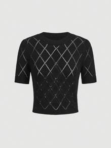SHEIN MOD Ren rỗng Của phụ nữ Ngắn tay Knit ngọn - màu đen - Xem 1