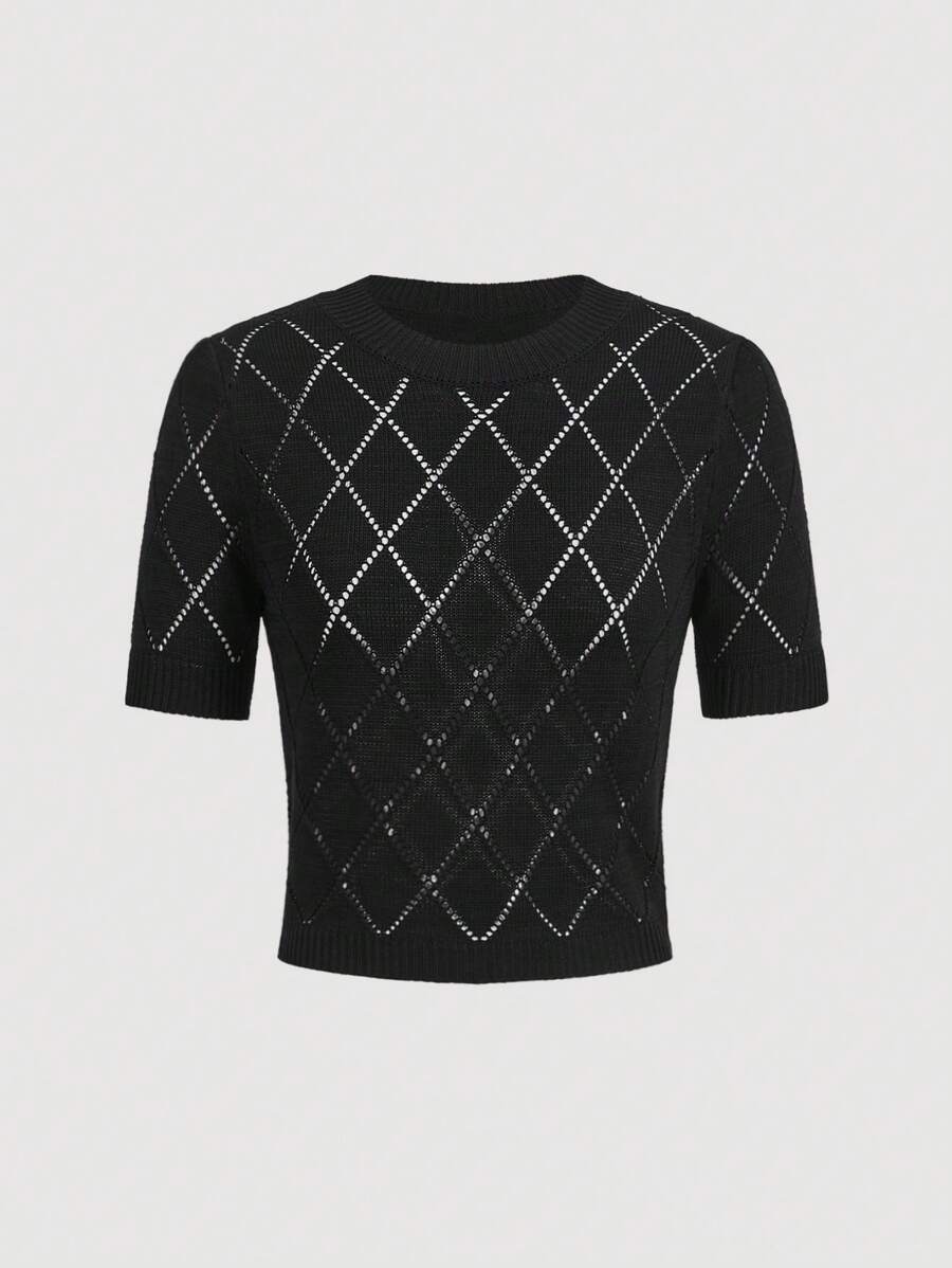 SHEIN MOD Ren rỗng Của phụ nữ Ngắn tay Knit ngọn - màu đen - Xem 1