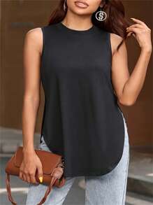SHEIN Plus Size Solid Color Round Neck Sleeveless Split Hem Tank Top - Black - View 3