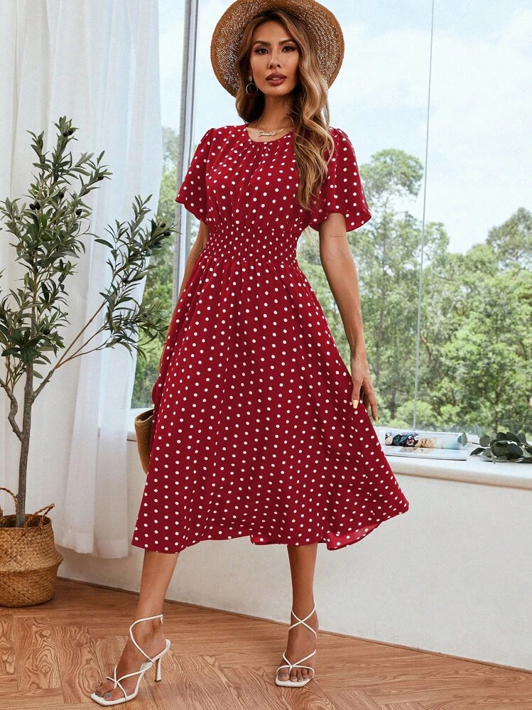 Breezaya Vestido largo con mangas cortas, estampado de lunares, volantes en el bajo y cinturón en la cintura, vestimenta de moda para Año Nuevo, vacaciones y playa - Rojo - Añade 3