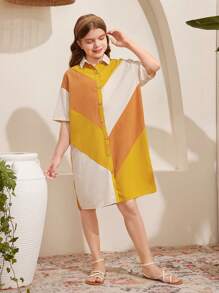 SHEIN Cô gái Tween Lỏng lẻo Khối màu Đứng cổ áo Chiều dài trung bình Váy sơ mi - Nhiều màu - Xem 4