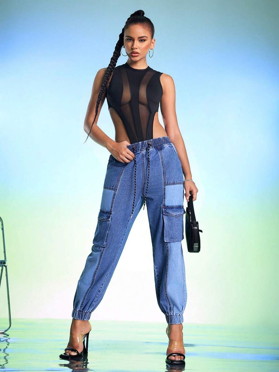 SHINGO 设计师款双色抽绳腰牛仔牛仔裤，适合度假、休假、春季、节日、伊比沙岛 - 中等水洗藍 - 查看 1