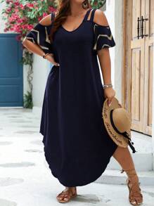 SHEIN Essnce Plus Chevron Print Cold Shoulder Dress - Navy Blue - View 7