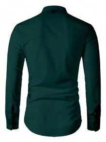 Manfinity Mode Men Solid Color Button Front Long Sleeve Shirt, Fall - Dark Green - View 2