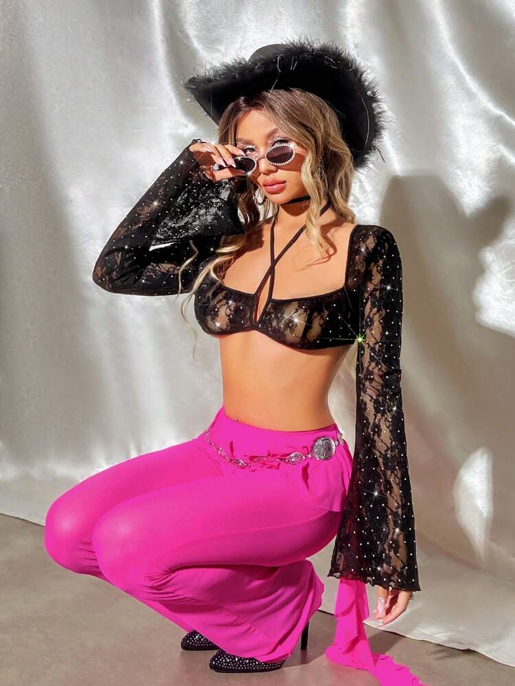 Lace Hollow Out Crop Top With Flare Sleeves