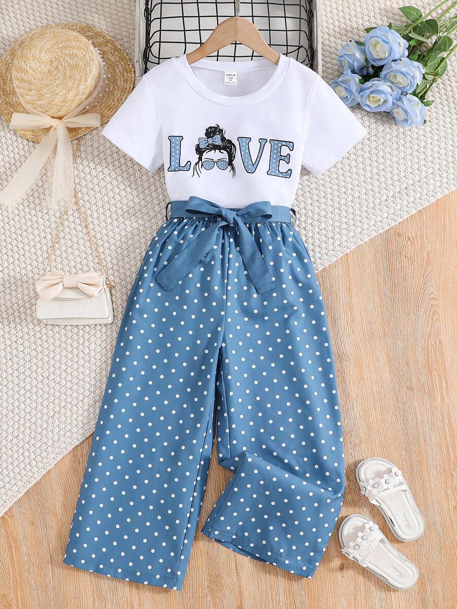Tween Girl Figure & Letter Graphic Tee & Polka Dot Pants - Blue and White - View 1