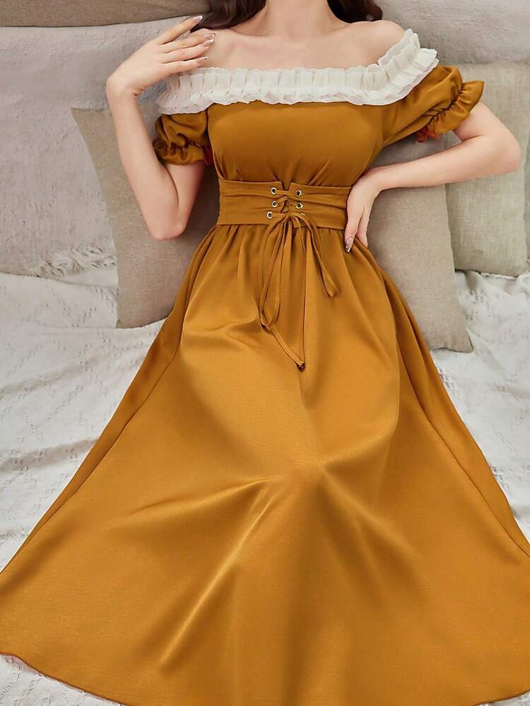 Color Block Off Shoulder Ruffle Trim Cross Tie Waist Dress