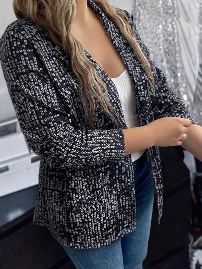 SHEIN Clasi 女款大尺碼青果領亮片開襟西裝外套