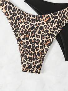Swim Vcay 2pcs Women Plain & Leopard Print Bikini Bottoms Leopard Bikini Summer - Multicolor - View 3