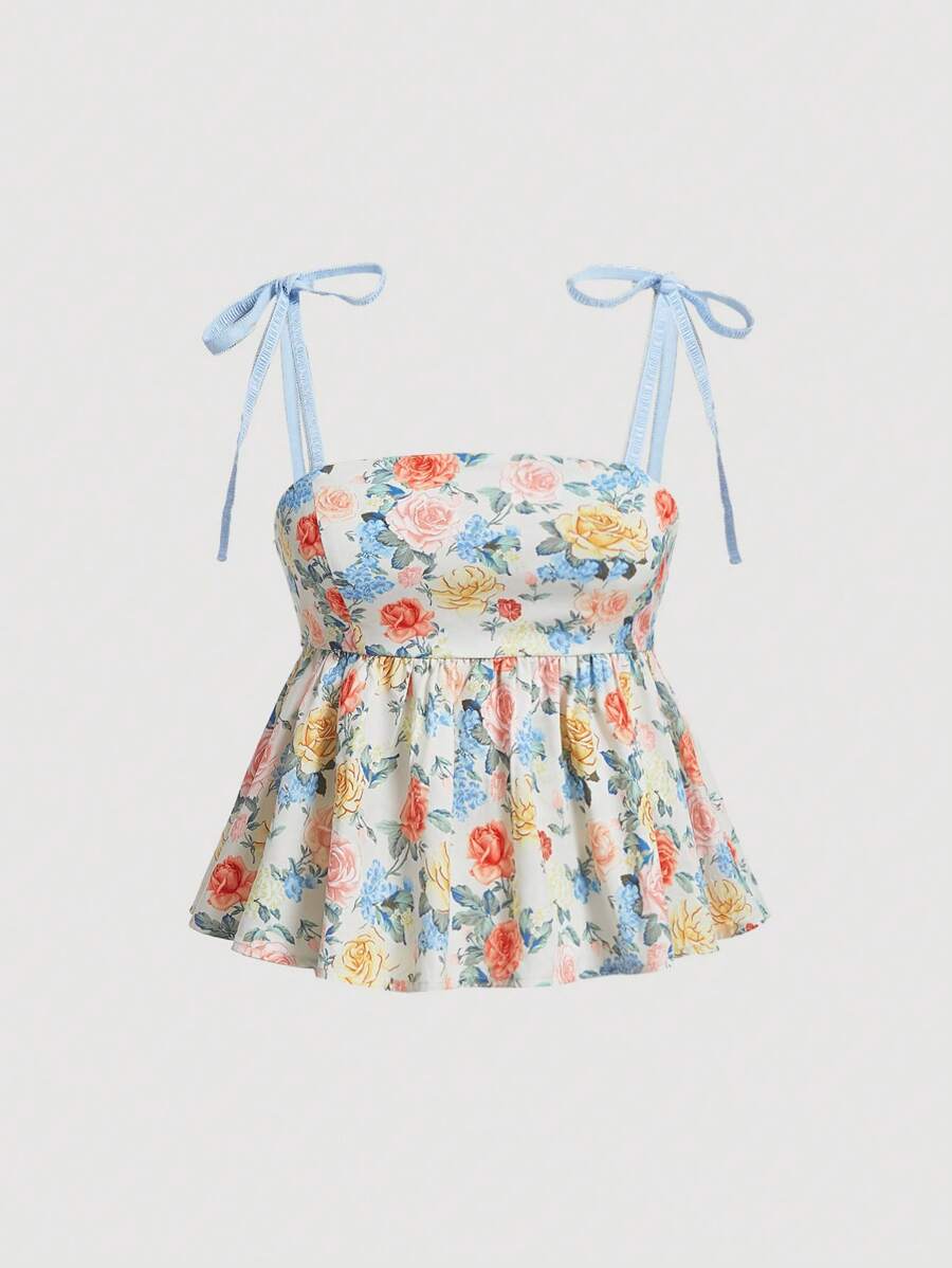 SHEIN MOD Mộng mơ Hoa Mô hình Babydoll Áo ba lỗ Tinh tế Ren Dây đai Mùa Xuân Và Mùa hè Áo - Nhiều màu - Xem 1