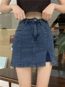 素色下擺開叉牛仔裙褲 - 中等水洗藍 - 查看 1