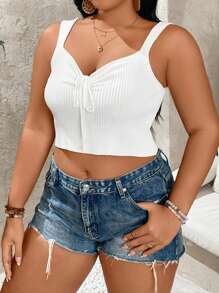 Calvaya Plus Size Knitted Camisole Top With Ribbed Stripes - White - View 3