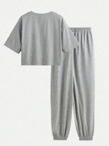 SHEIN 青少女針織固色寬鬆短袖上衣和針織鬆身設計彈性腰帶迷彩長褲套裝 - 淺灰色 - 查看 2