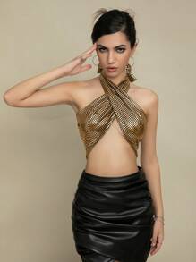 SHEIN Unity Thánh giá Ca-vát Backless Kim loại Áo Halter Crop - Nhiều màu - Xem 3