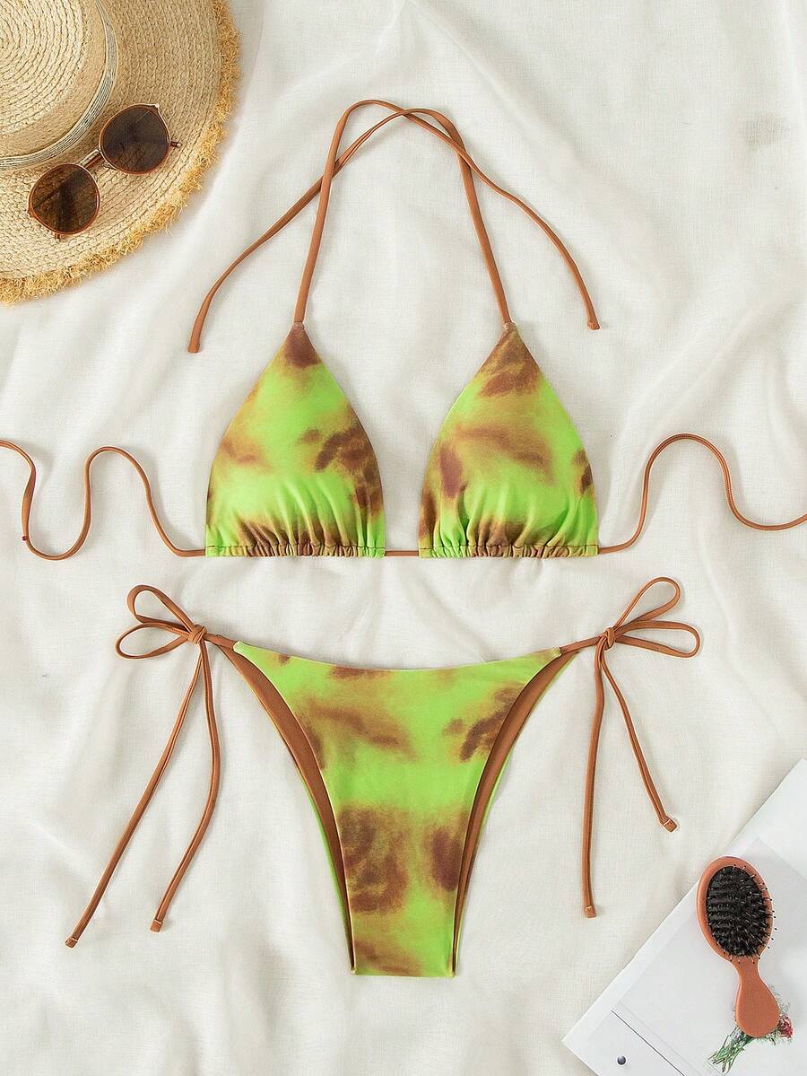 SHEIN Swim In cà vạt Halter Neck Bộ Bikini Đối với phụ nữ , In ngẫu nhiên , Thích hợp Cho mùa hè Kỳ nghỉ - Nhiều màu - Xem 1
