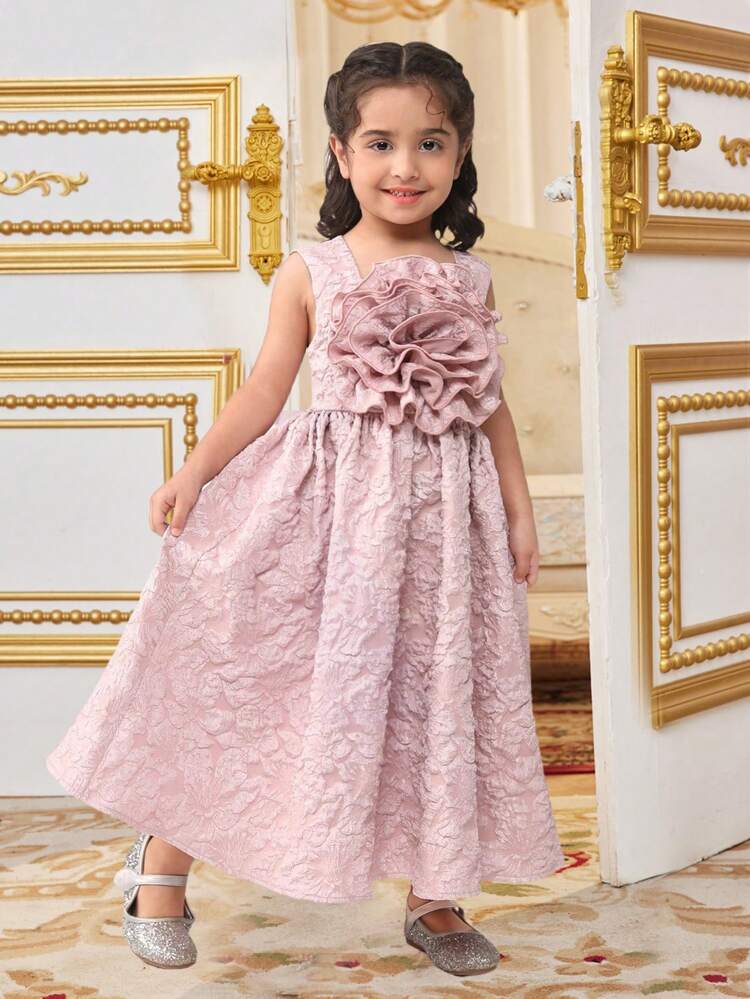 Young Girl's Sleeveless Round Neck Dress With Short Sleeves, Gorgeous Floral Design