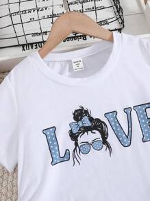 Tween Girl Figure & Letter Graphic Tee & Polka Dot Pants - Blue and White - View 4