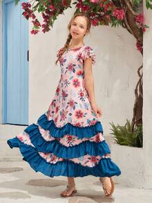 SHEIN Tween Girls' Flower Print Ruffle Trim Dress - Multicolor - View 6