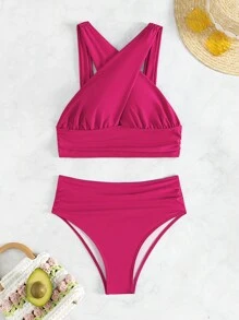 SHEIN Swim Summer Beach Mono Bikini Set Criss Cross Ruched High Neck Top & High Waisted Bikini Bottom 2-Piece Swimwear - Hot Pink - View 7