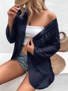 EARO 纯色透视喇叭袖休闲度假夹克 - 藏蓝色 - 查看 7