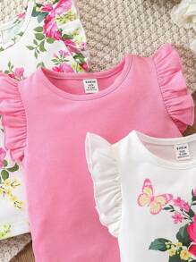 Floral Printed Baby Girl Flutter Sleeve Tops Set, Summer - White - View 5