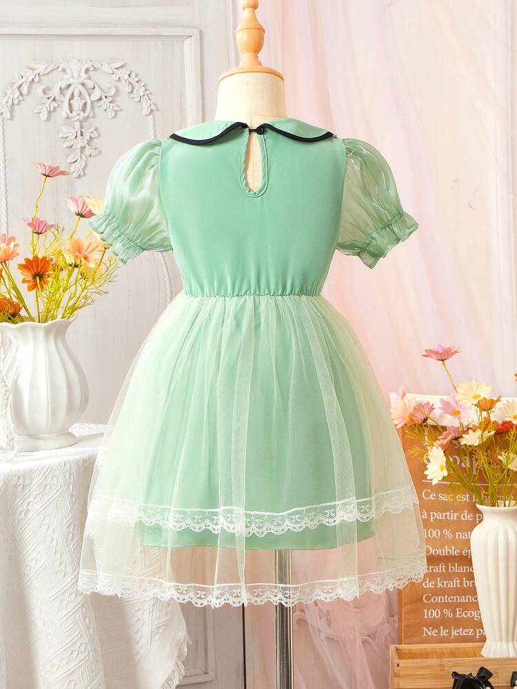 Young Girl Summer Peter Pan Collar Short Puff Sleeve Dress With Mesh Hem