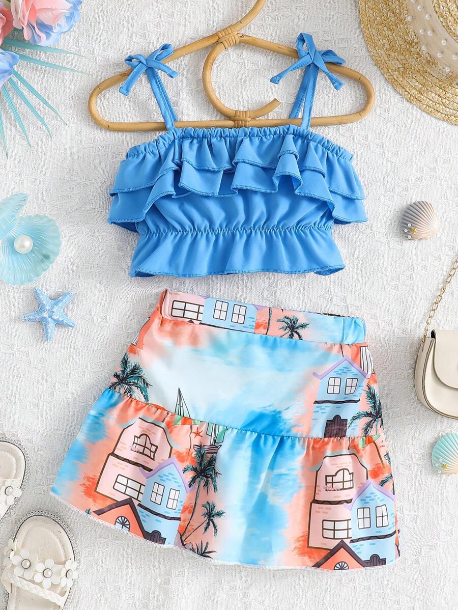 女婴度假风格荷叶边背心和棕榈树图案裙子套装，适合日常穿着，春夏季 - 藍色 - 查看 1