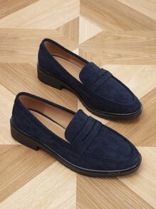 Women's Round Toe Low Heel Loafers With Thick Sole For Spring Autumn Casual Wear - Navy Blue - View 3