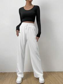 SHEIN EZwear 黑色休閒彈性腰帶前結直筒褲 - 白色 - 查看 6