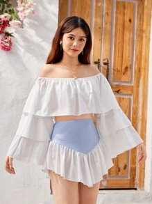 Teen Girls' Casual Elegant Cute Ruffled Layered Sleeve Top With 2 In 1 Skort Outfit - Multicolor - View 5