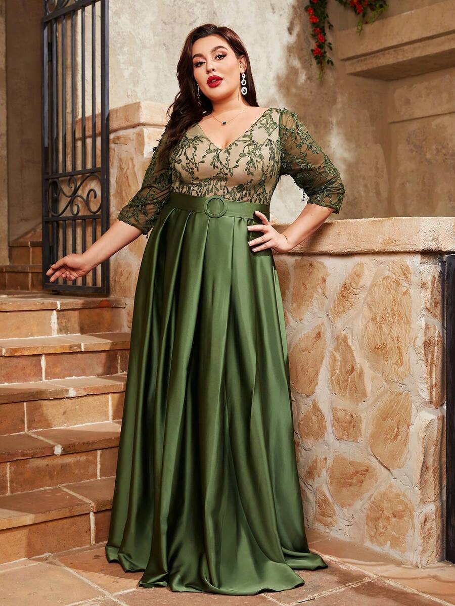 Plus Size V-Neck Embroidered Lace Medium-Length Sleeve Color-Blocked Splicing Satin Decorative Buckle Long Dress With Flared Hem - Dark Green - View 1