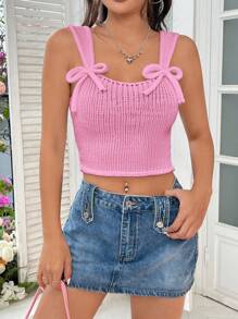 SHEIN EZwear Áo dệt kim trang trí nơ nữ - Hồng - Xem 4