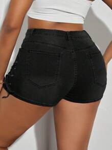 SHEIN EZwear 加大码紧身抽绳个性化牛仔短裤 - 黑色 - 查看 2